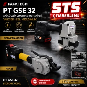 Packtech Akülü Çelik Çember Germe Makinesi + Pensesi PT GSE 32 Yüksek Hızlı Gerginlik