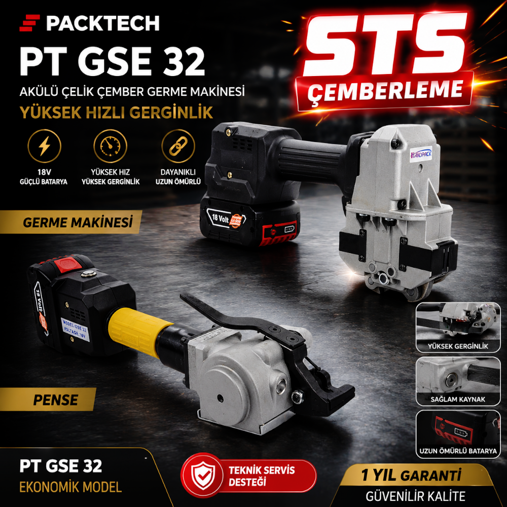 Packtech Akülü Çelik Çember Germe Makinesi + Pensesi PT GSE 32 Yüksek Hızlı Gerginlik Packtech Akülü Çelik Çember Germe Makinesi + Pensesi PT GSE 32 Yüksek Hızlı Gerginlik