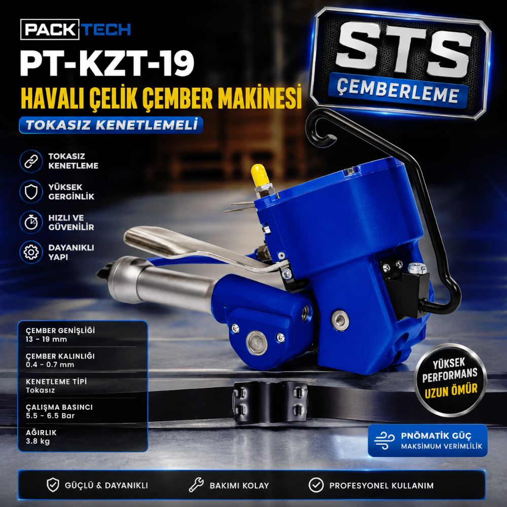 Packtech Havalı Çelik Çember Makinesi PT-KZT-19 Tokasız Kenetlemeli Packtech Havalı Çelik Çember Makinesi PT-KZT-19 Tokasız Kenetlemeli